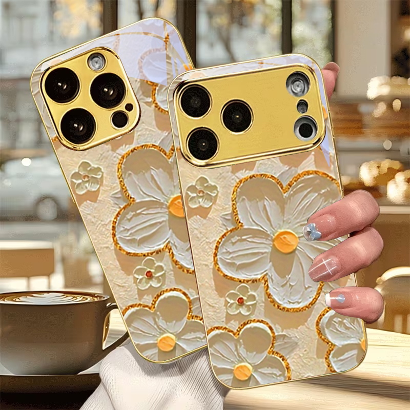 Usb Charger - Textured White Flora Electroplated Golden Phone