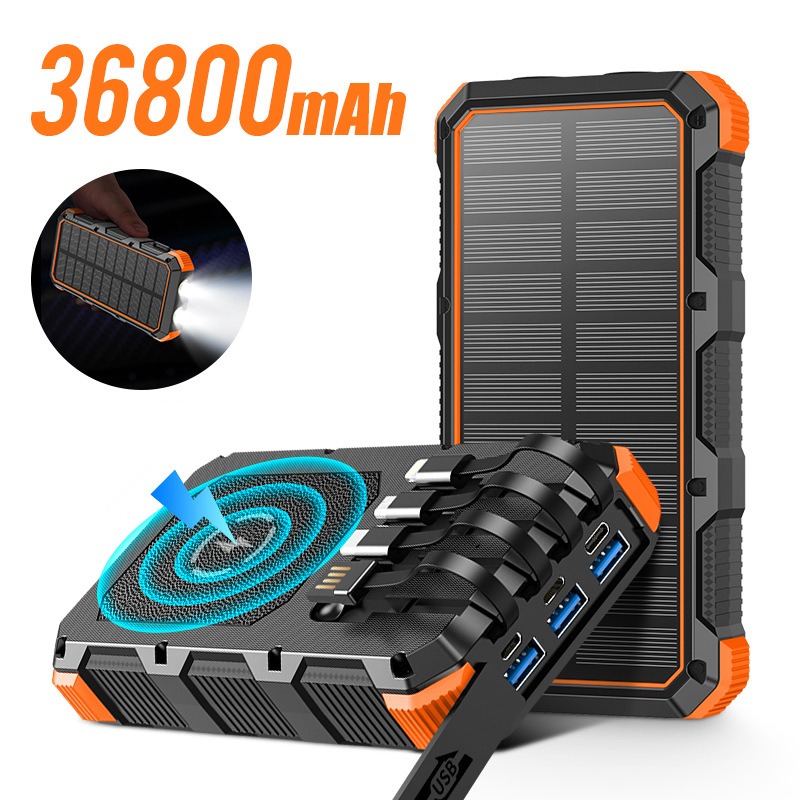 Wireless Charger - Solar Power Bank 36800mAh with Cable